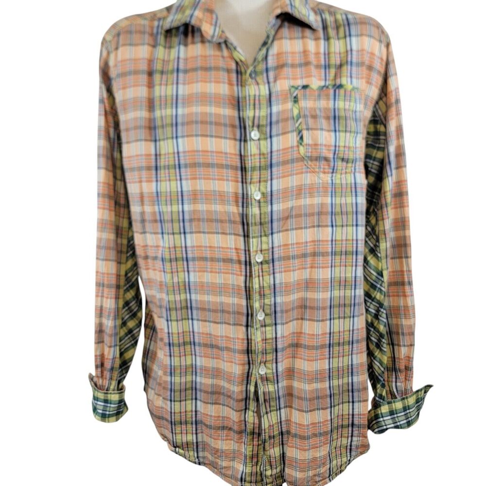 Robert Graham Shirt Mens Large Orange Plaid Flip Cuff Embroidered Long Sleeve
